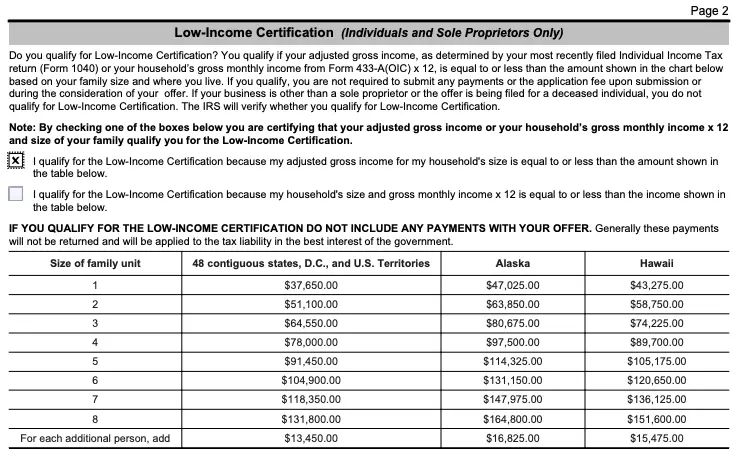 How to fill out Form 656-b Section 1, Part 2: Low-Income Certification
