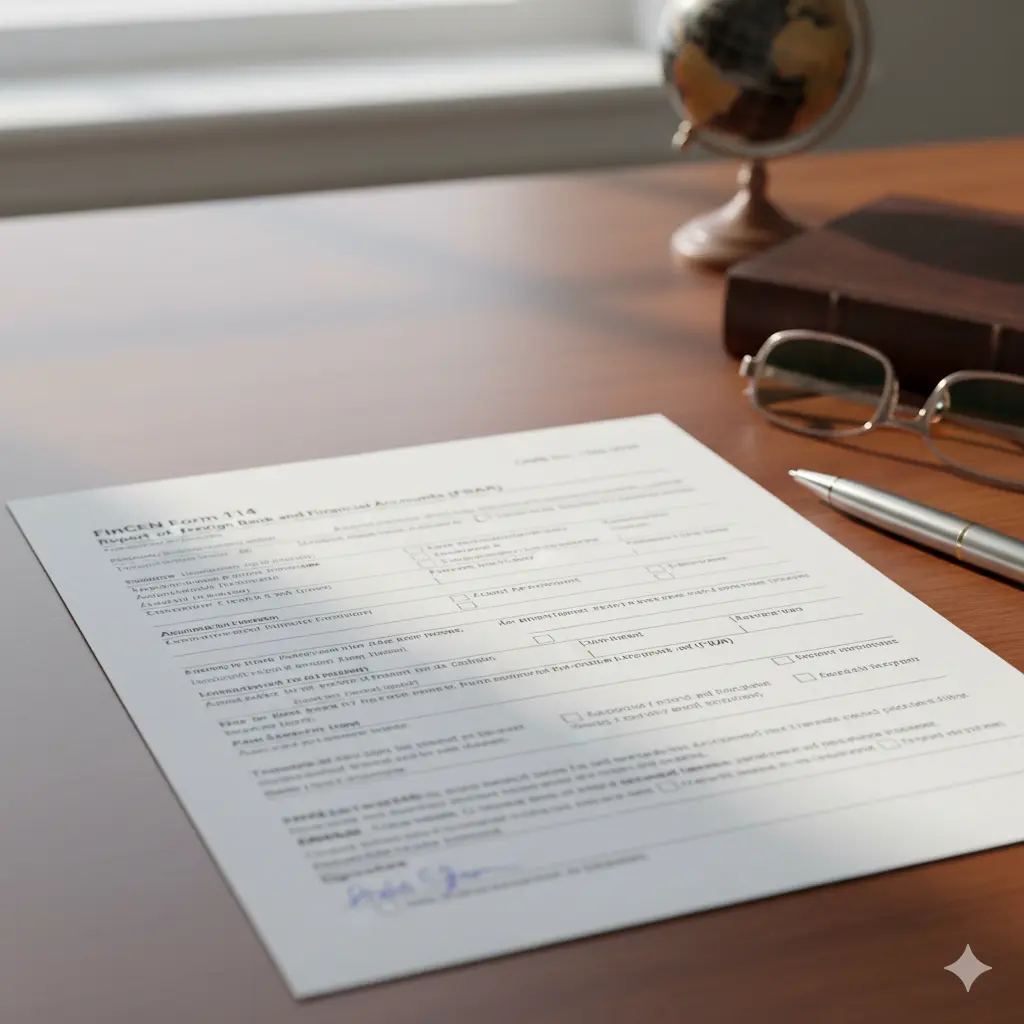 Document on a desk with glasses, a pen, and a globe in the background.