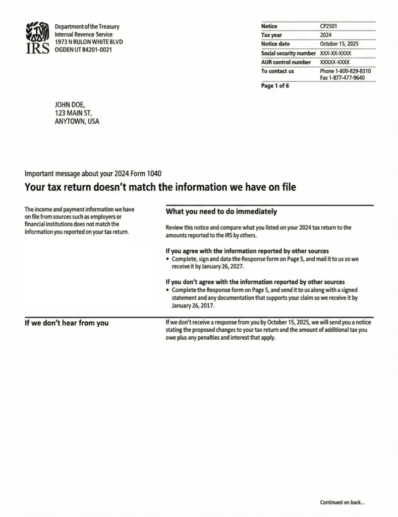IRS notice about mismatched tax return information for tax year 2024.