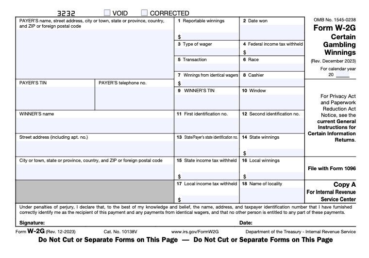 IRS Form W2-G for gambling earnings