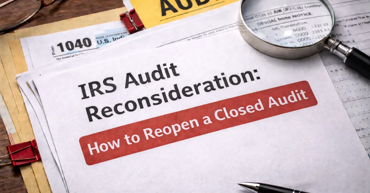 IRS audit reconsideration documents on desk