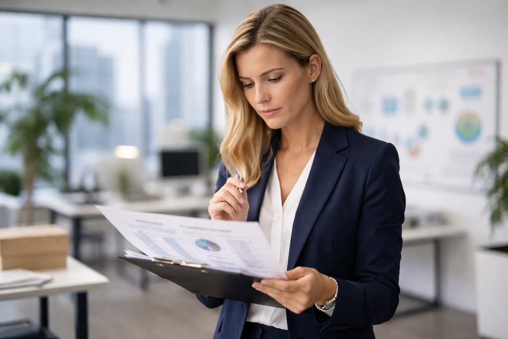 A tax business operations consultant reviewing paperwork