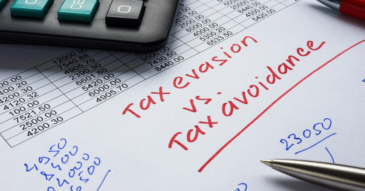 Document highlighting "Tax Evasion vs. Tax Avoidance" with calculations and a calculator.
