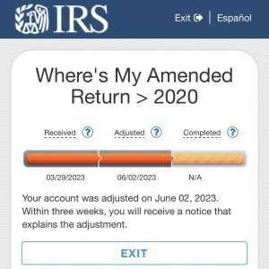 Screenshot of the IRS tool displaying the status of an amended tax return, showing "Received" and "Adjusted" steps completed.